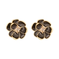 Elegant vintage black enamel camellia stud earrings with gold plating and clear zircon - Black