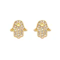 Close-up of golden Hamsa Hand stud earring with pave-set clear zircon stones on white background - Hamsa Hand Earrings / Gold