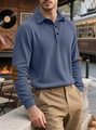 Detail of blue corduroy polo sweatshirt showing suede elbow patches and ribbed texture - S / Navy Blue