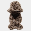 Close-up of leopard print winter hat and scarf set in soft faux fur plush texture - Khaki Large Leopard Print Hat & Scarf Set