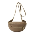 Minimalist brown textured leather waist bag with zipper pockets and adjustable strap - Khaki