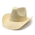 Detail of light beige straw cowboy hat featuring wide rolled brim and pinched front crown - M (56-58cm) / Plain Beige