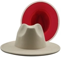 Two-tone wide brim fedora hat in beige wool felt with a striking red interior lining - Beige with Red Inner