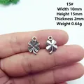 Detailed view of silver clover charms showing dimensions 10x15mm and 2mm thickness - 15# Hollow Clover