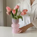 Pink three-tier spherical glass vase with fresh pink tulips in a minimalist home setting - Height 18cm/Diameter 9cm / French Vintage Vase - Light Pink