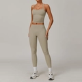 Ensemble de yoga deux pièces avec crop top et legging taille haute en kaki clair - S / Haut Et Bas / Débardeur + Pantalon Kaki Moyen