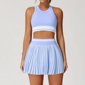 Light blue two-piece sports set featuring a ribbed crop top and pleated high-waisted skirt - Baby Blue / S