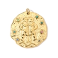 Macro shot of 18K gold coin pendant with Gemini relief and colorful rhinestones - Gemini
