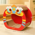 Cartoon lion shaped cat scratching house made of high-density corrugated paper in red - New Year Lion Dance Style