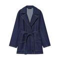 Women's dark blue denim midi coat with waist belt and large lapels on a white background - XS / Dark Blue
