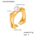 Gold plated stainless steel hollow square ring with a 0.7cm white freshwater pearl inlay - Size 7 (Adjustable) / Gold