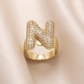 Adjustable gold plated letter N ring with sparkling cubic zirconia pavé stones - Small / Letter N