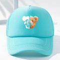 Detail view of the breathable mesh back and creative bear print on the light blue trucker cap - One Size / Light Blue