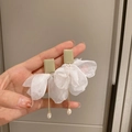 Detail of sage green floral mesh earrings with pearls held by a hand on a clean background - Sage Green Mesh Pearl Drop Style (6# Silver Pin-Square-Bowknot)