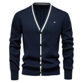 Detail van vest met V-hals, groen-witte gestreepte bies en donkerblauw gebreide textuur - 2XL / Marineblauw