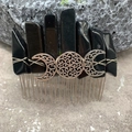 Detail of handmade black crystal quartz hair comb with silver triple moon goddess motif - Obsidian Silver Wire Silver Moon