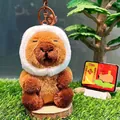 Cute brown plush Capybara keychain with a white soft hood and small bronze bell charm - Chicken Cosplay