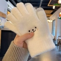 Winter plush white gloves for women with cute bear embroidery and touchscreen fingertips - White