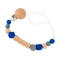 Blue and grey silicone bead pacifier clip with BABY wood blocks and beech wood metal clasp - Dark Blue