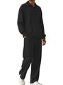 Heren casual zwarte polo set met lange mouwen en bijpassende broek in geweven textuur - S / Zwart