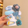 8-piece set of blue cartoon hair clips for girls with plush animal and floral designs - 458 Blue Flower 8pcs Set