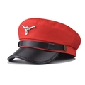 Detail of red cadet hat featuring silver bull head emblem and black leather brim - M (56-58cm) / Red (Bull Head)