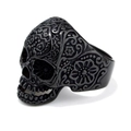 Matte black stainless steel skull ring with Mexican sugar skull carvings and floral patterns - US Size 8 / Black (06402)