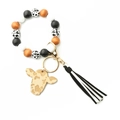 Western cowboy cow print bead bracelet keychain with wooden bull head charm and tassel - White Cow Pattern