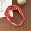 Elastic wide red paisley print headband with vintage cross design in soft fabric - Red
