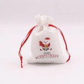 Set of 8 white linen Christmas gift bags with red drawstring and snowman prints - Snowman with Gift / 10*14cm