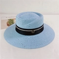 Detail of light blue woven sun hat with black ribbon and golden T metal buckle - M (56-58cm) Adjustable / Sky Blue