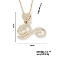 Golden heart spiral necklace with zircon inlay and precise dimensions overview - Cursive Letter V Style (N00203J-X--V)
