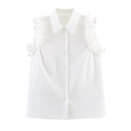Elegante camicia bianca senza maniche con volant sulle spalle e colletto a punta - XS / Bianco