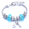 Silver snake chain bracelet with light blue glass beads and heart padlock charm - Blue