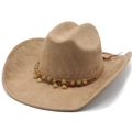 Bohemian style khaki wide brim cowboy hat with turquoise beads and tassel trim - M (56-57cm) / Camel