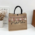 Bohemian jute tote bag in beige with mama print and colorful tassel fringe decoration - Khaki