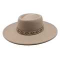 Detail view of beige wool felt fedora with stylish geometric embroidery ribbon - M (56-58cm) / Light Purple Grey