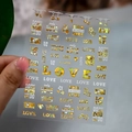 Golden and holographic heart nail stickers featuring LOVE letters and stars, model XZ-02305 - 3D LOVE Style (XZ-D2305) / Gold
