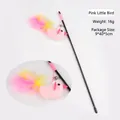Pink bird cat wand toy with feathers and a small silver bell on a black plastic rod - Elastic Pole Pink Bird Feather (B12409)