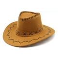 Detailed close-up of a brown suede cowboy hat featuring black hand-stitched decorative seams - M (56-58cm) / Light Khaki