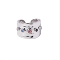 Silver C-shape open ring with hammered texture and five colorful zircon gemstones - Adjustable Hammered With 5 Stones / Silver