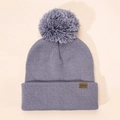 Purple knit beanie with pompom and fashion leather patch, warm winter hat for kids - Gray