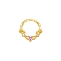 Golden nose ring featuring pink heart gem and round stones with rose carving details - Rose Pink Heart / Gold