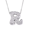 Silver cursive letter R pendant necklace with pavé cubic zirconia on white background - Letter R / Silver