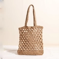 Minimalist beige hollow woven straw beach bag with twin top handles for women - All Triangle + Logo / Coffee