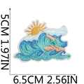 Detailed size chart for sun and wave embroidered patch measuring 6.5cm by 5cm in dimensions - Sunrise and Waves Scene