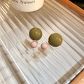 Olive green and pink double bead stud earrings in a glossy finish with silver needles - Olive Green & Pink Double Ball Style (22# Earrings - Coffee Round Ball)
