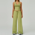 Avocado green ribbed halter v-neck top and drawstring wide-leg yoga set for women - Vest+Pants-Lime Green