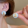 Light blue enamel stud earrings with gold gourd inlay shown on a model's ear - 22# Blue Round Base Gold Gourd Studs