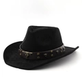 Dettaglio cappello cowboy nero con cinturino in pelle marrone e testa di toro in metallo - M (56-58cm) / Nero